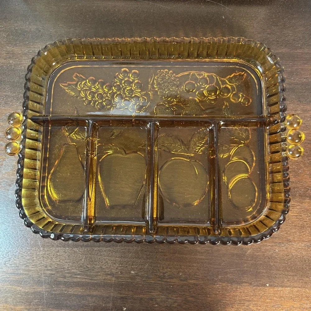 Vtg Indiana Glass Golden Amber Fruit Embossed 5 Part Divided Relish Tray Platter